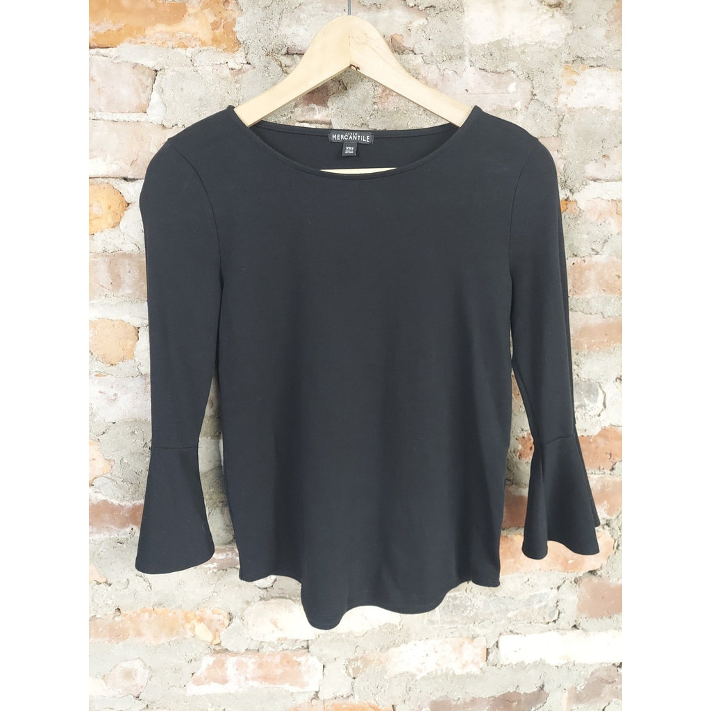 J Crew Mercantile Womens Bell Sleeve Long Sleeve Top Shirt XXS Black Boat Neck