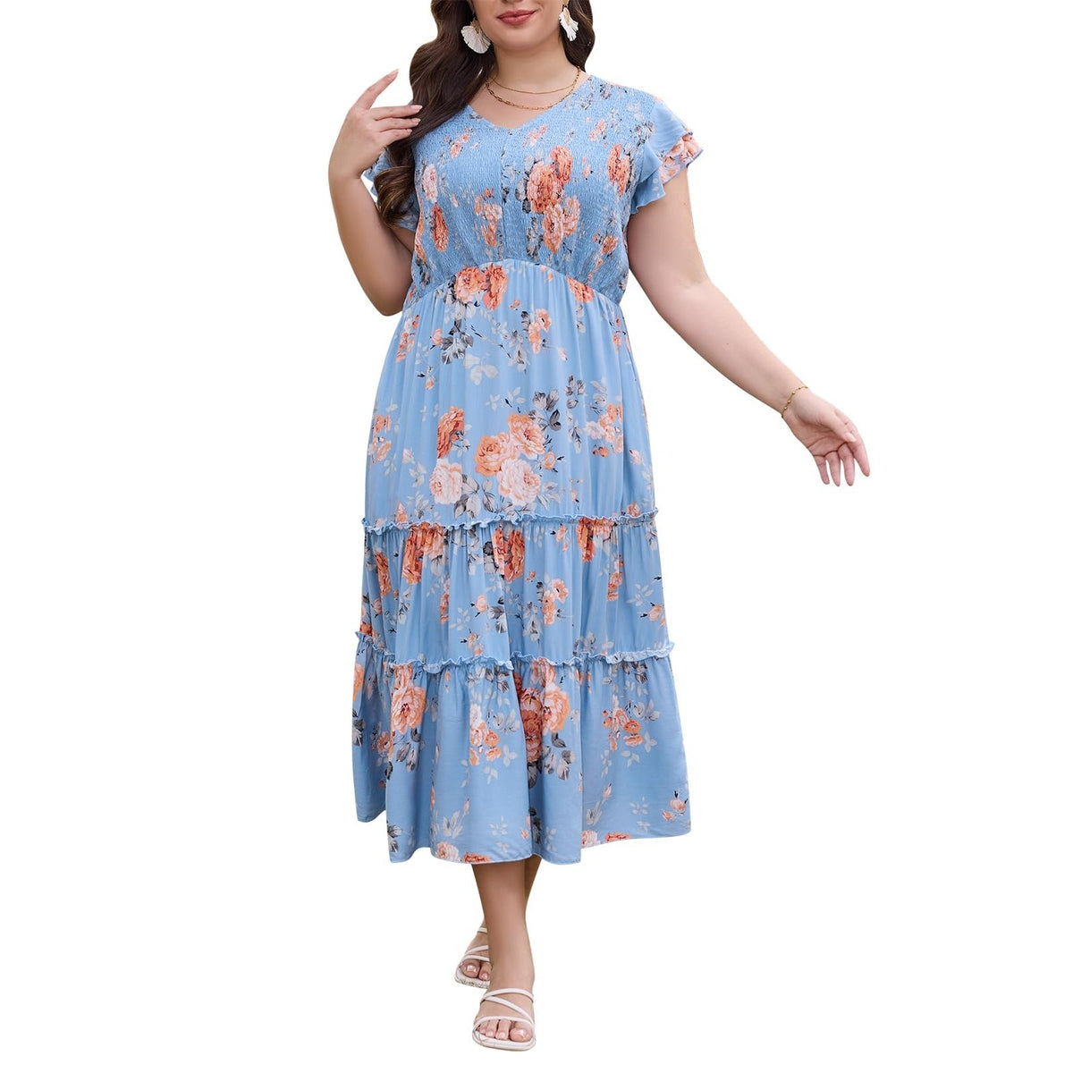 Keluumi Womens Maxi Dress 18 Plus Light Blue Floral Casual Smocked Tiered V Neck