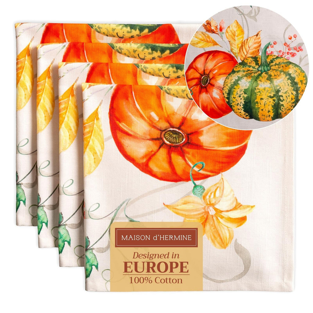Maison d'Hermine Fall Autumn Pumpkin Gourd Napkins Set 4 Cotton Dinner Table