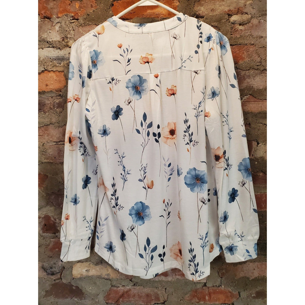 Womens Long Sleeve Top S White Blue Floral Print V Neck Pleated Casual