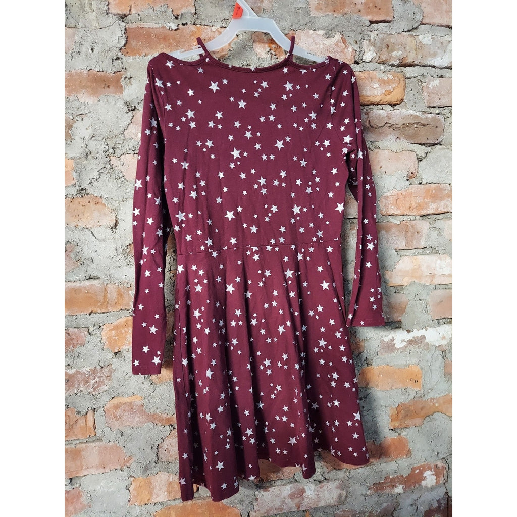Place Girls Dress Long Sleeve Cold Shoulder Star Pattern Size L 10/12 Maroon