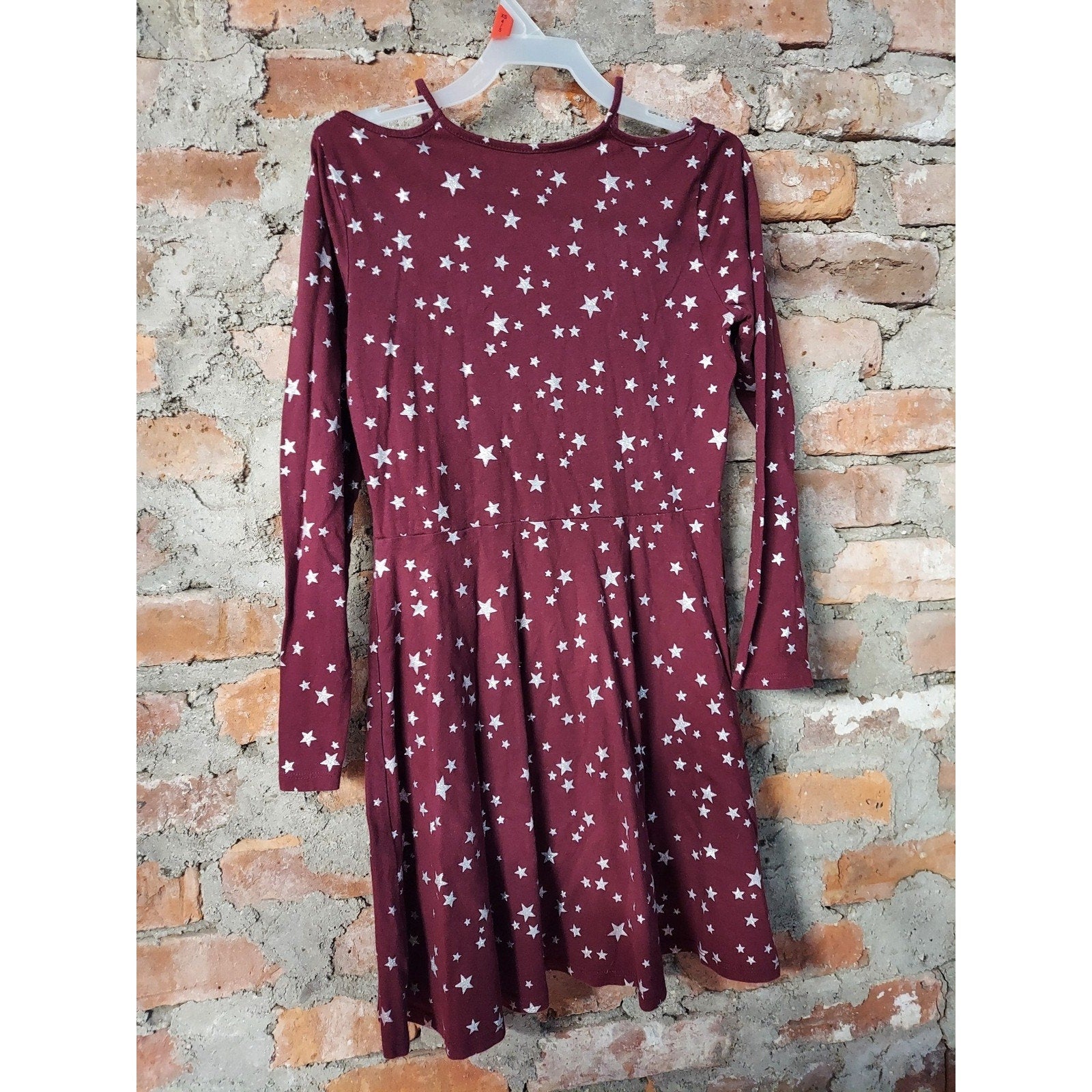 Place Girls Dress Long Sleeve Cold Shoulder Star Pattern Size L 10/12 Maroon