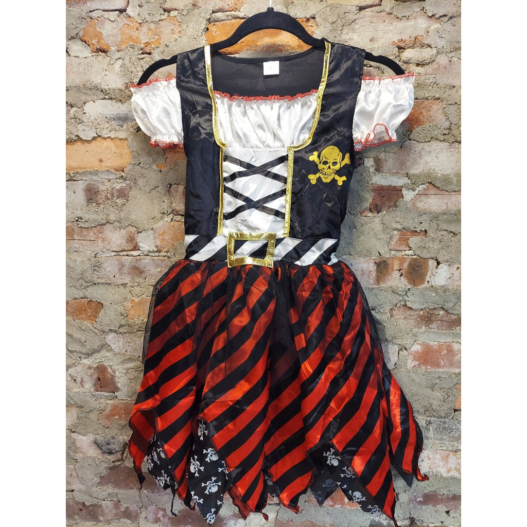Womens Pirate Costume Dress XL Black Red Striped Skull Crossbones Gold