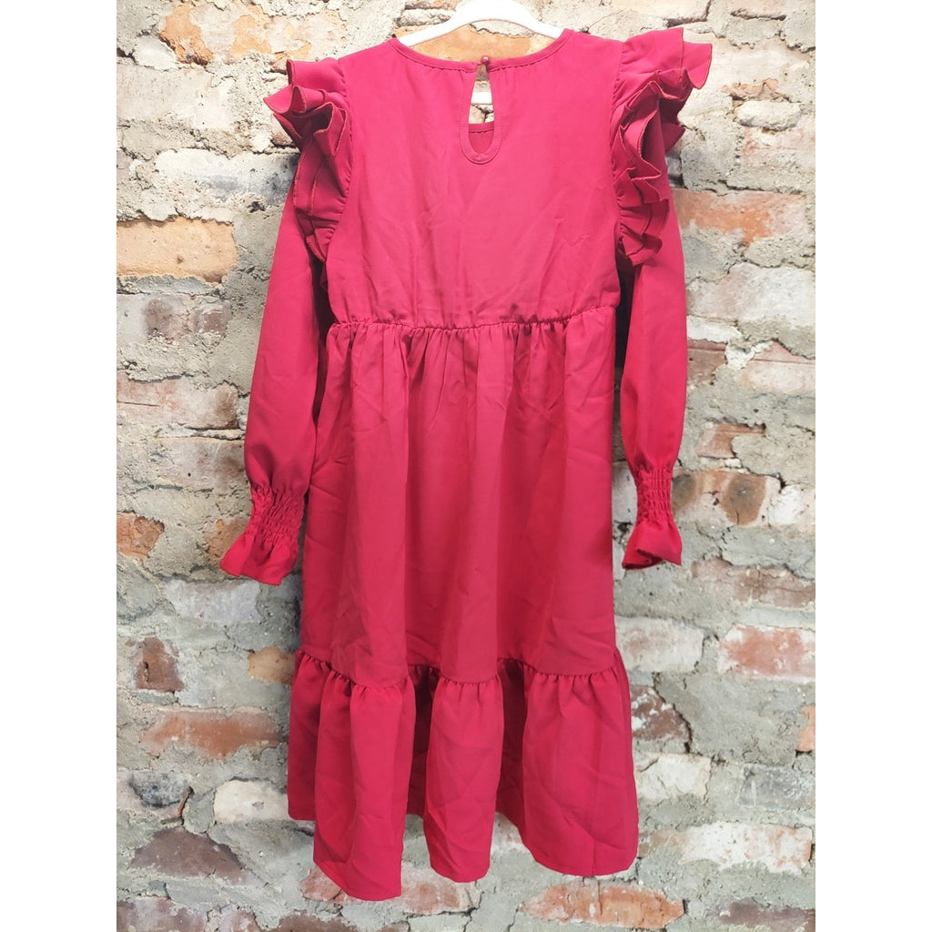 Girls Dress 6-7Y Fuchsia Pink Long Sleeve Tiered Ruffle Polyester