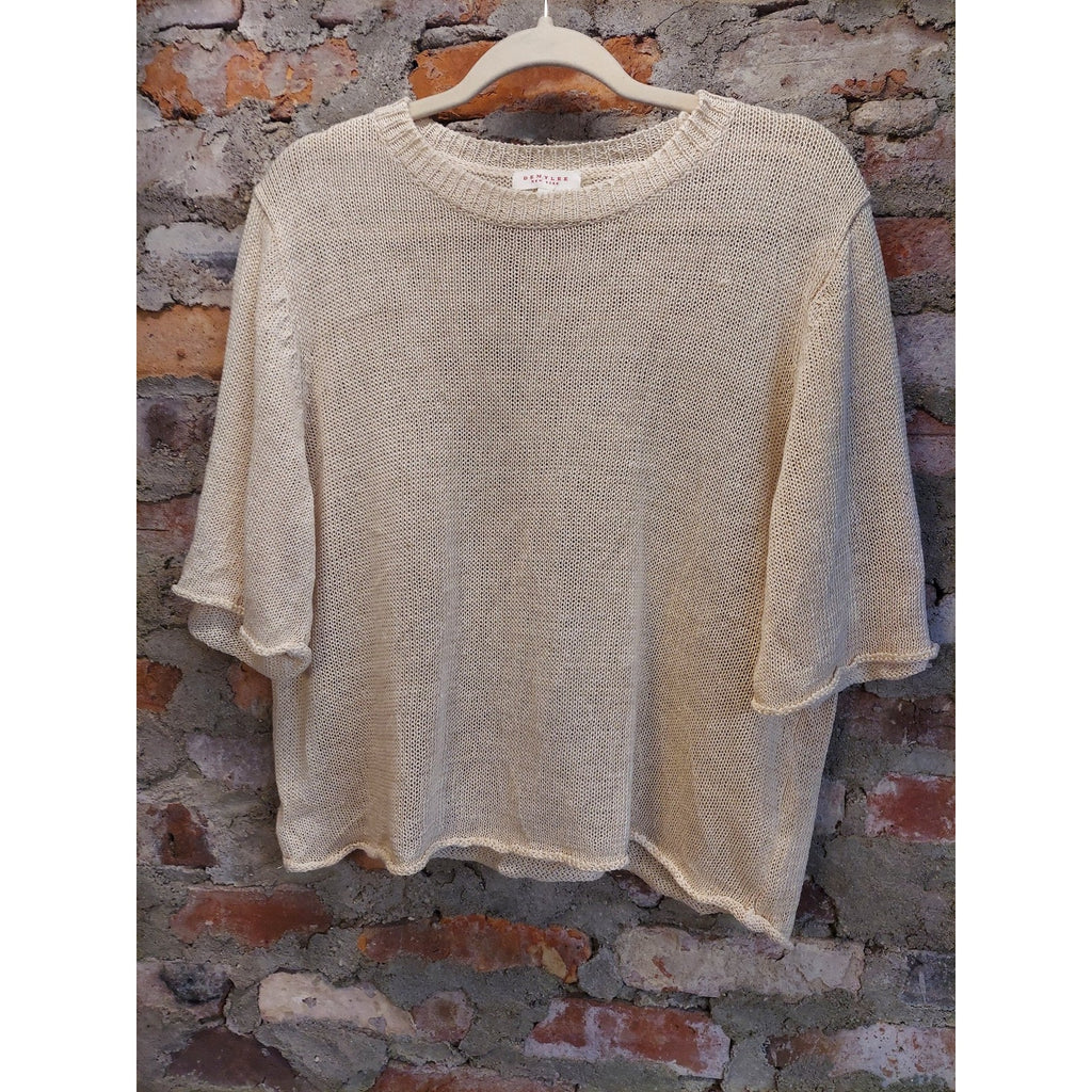 DEMYLEE Womens Cream Linen Knit Top S 3/4 Sleeve Open Weave Pullover
