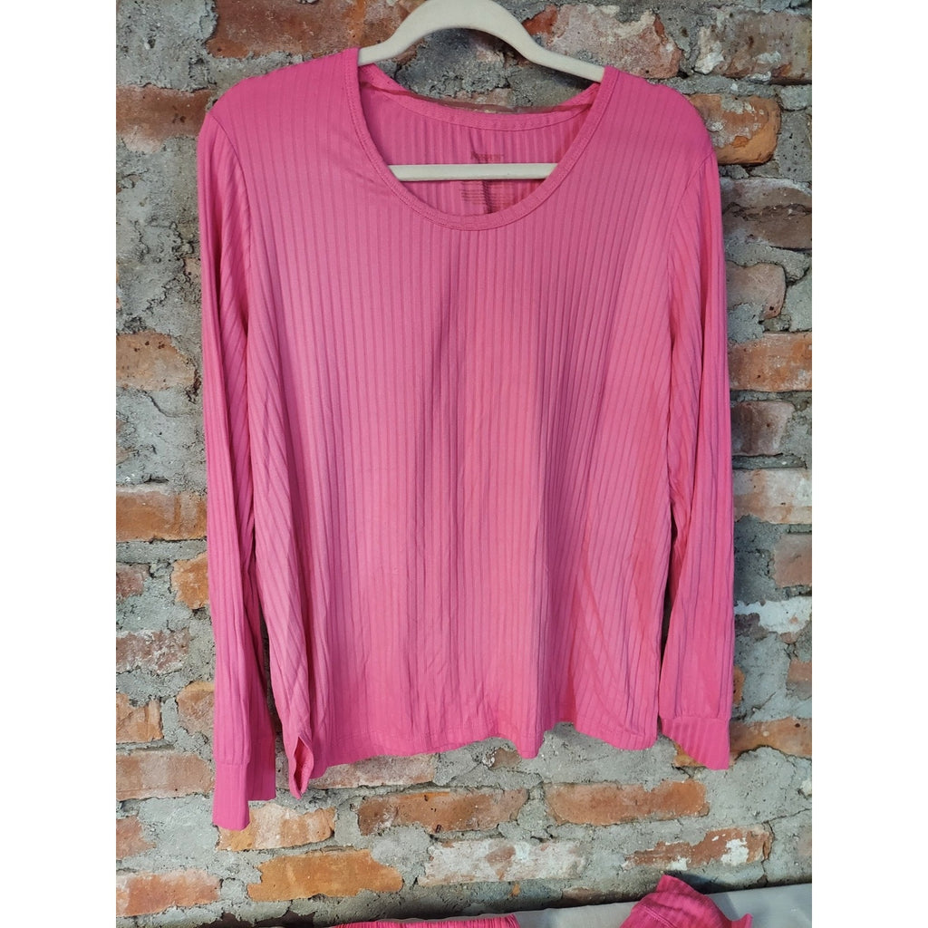 Womens Pink Ribbed Pajama Set L 12/14 Long Sleeve Sleepwear Lounge