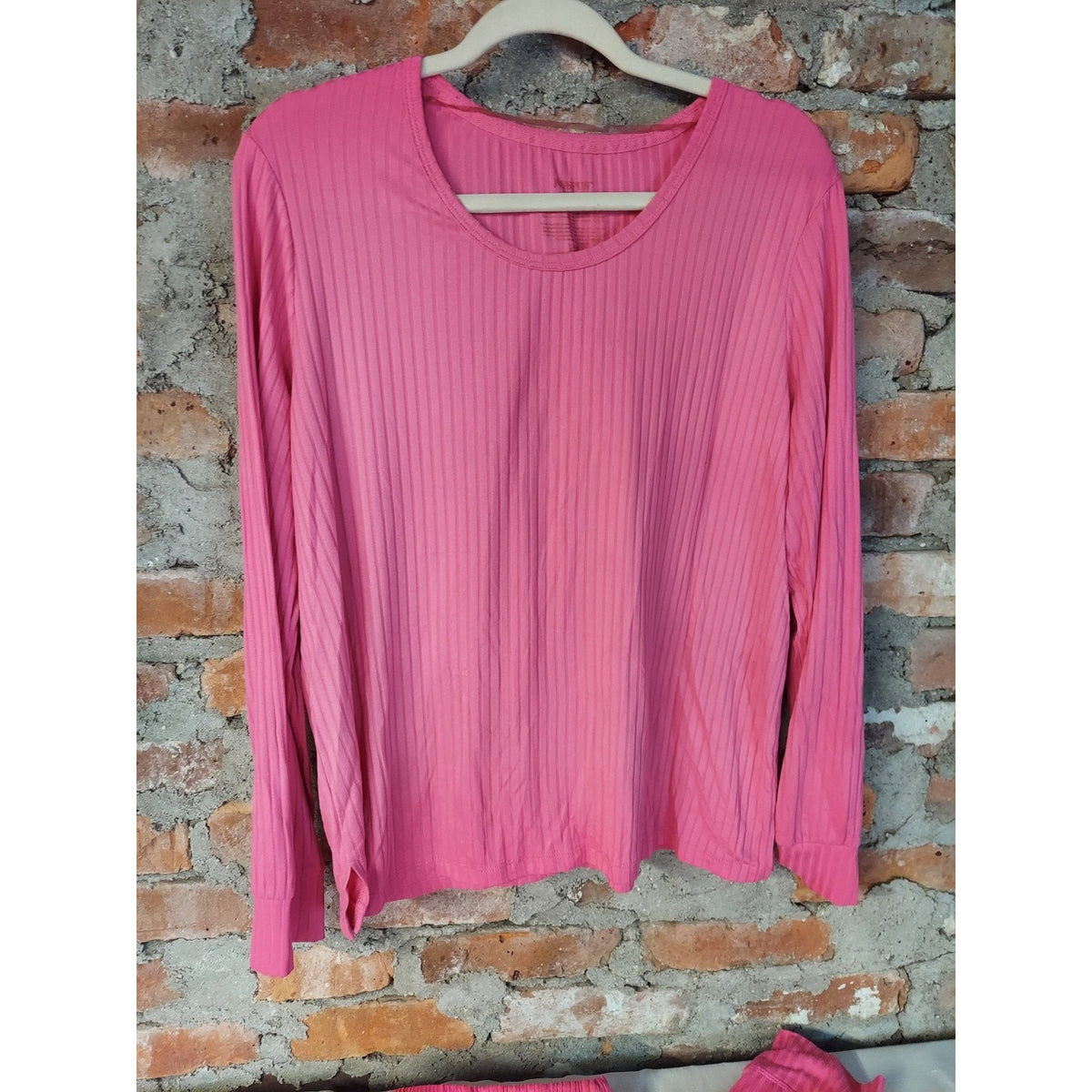 Womens Pink Ribbed Pajama Set L 12/14 Long Sleeve Sleepwear Lounge