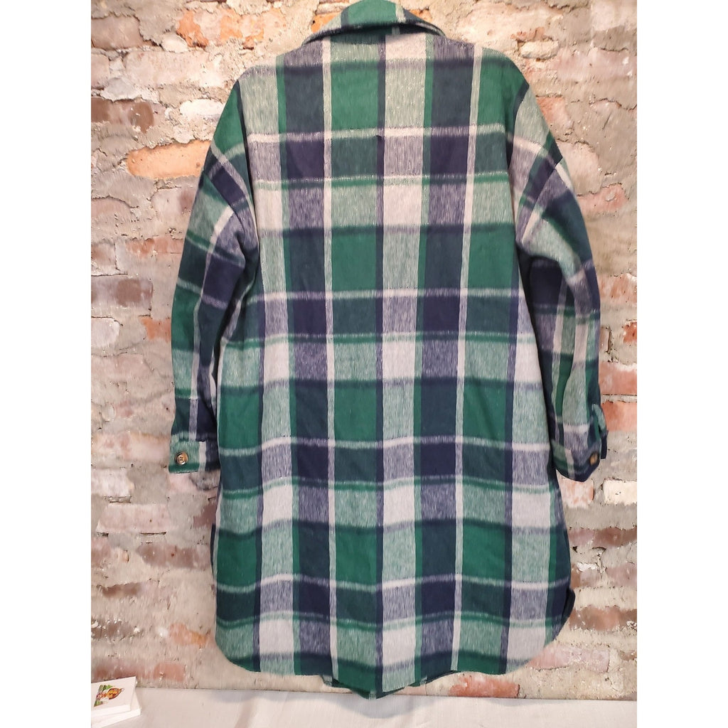 Womens Shacket Plaid Shirt Jacket L Green Blue Gray Flannel Oversized Button Up
