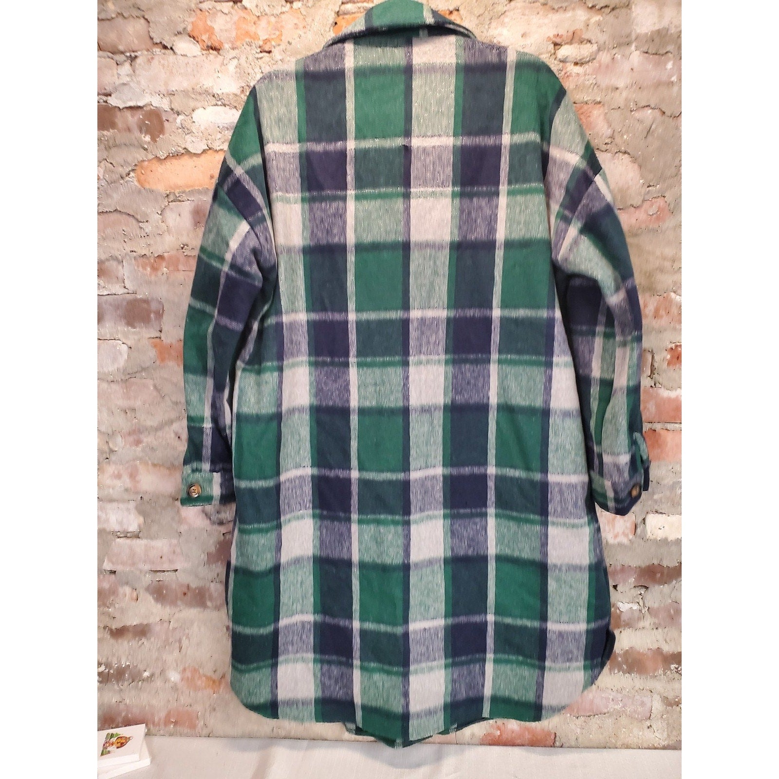 Womens Shacket Plaid Shirt Jacket L Green Blue Gray Flannel Oversized Button Up