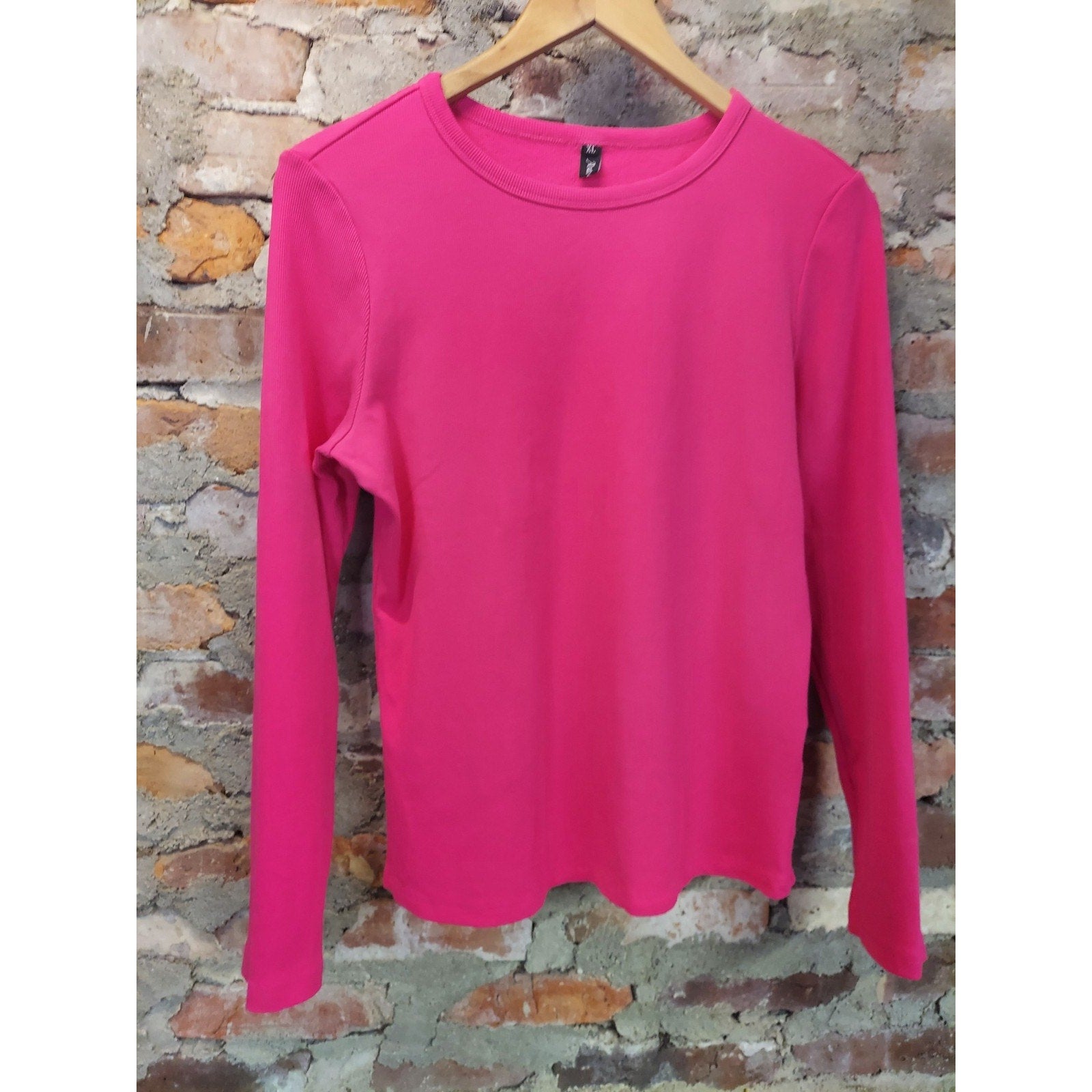 Womens XL Pink Ribbed Long Sleeve Crewneck Pullover Thermal Top Thick Warm