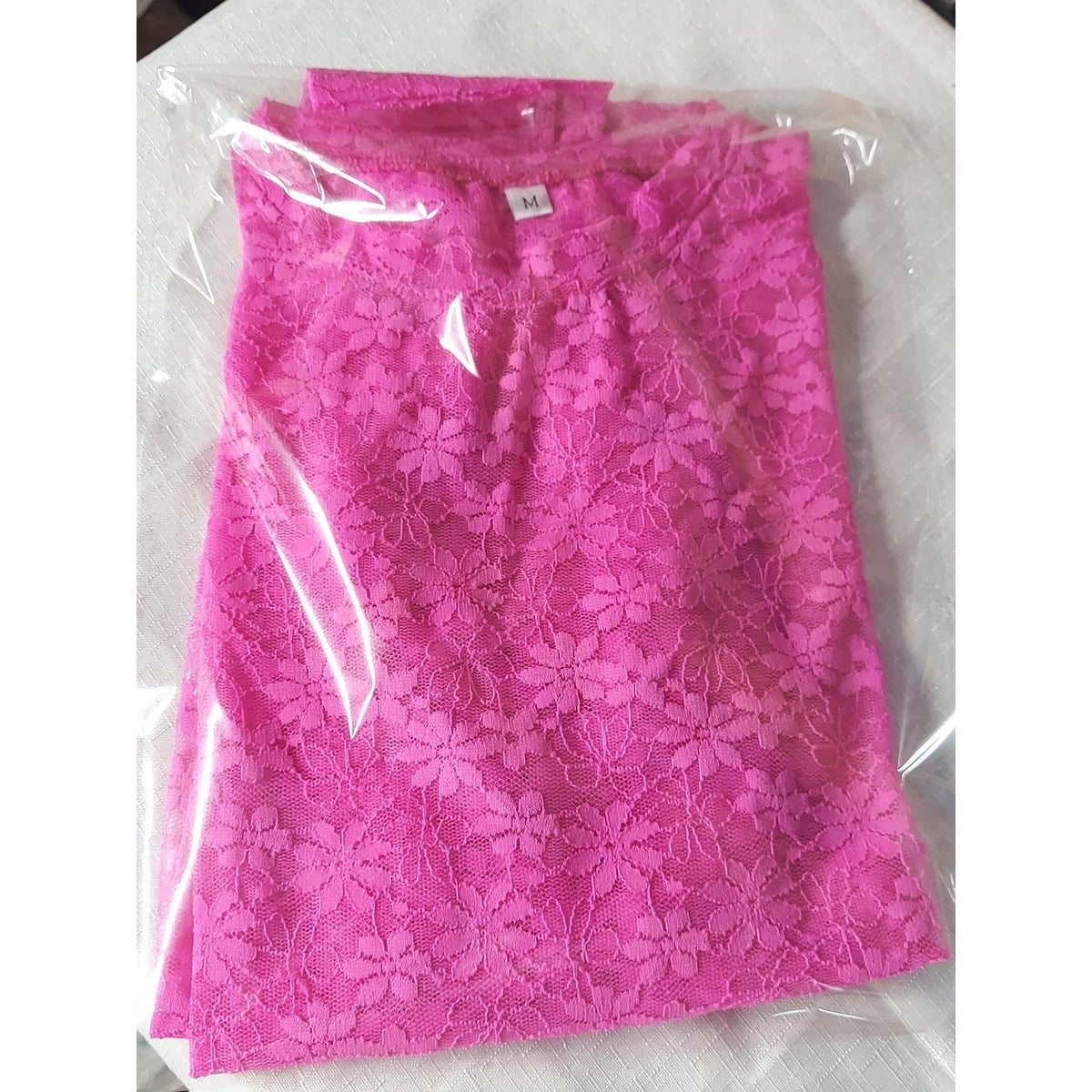 Womens Hot Pink Sheer Lace Floral Long Sleeve Crew Neck Mesh Top M