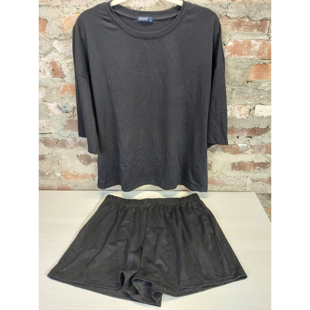 Sampeel Womens Lounge Pajama Set L Black 3/4 Sleeve Elastic Waist