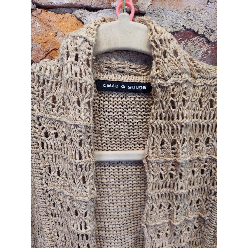 Cable & Gauge Womens Open Knit Short Sleeve Cardigan Tan Lightweight Summer