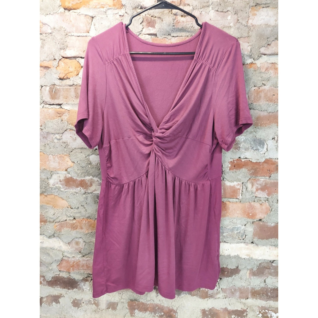 AVOKIN Womens Tunic Top XXLarge Fuchsia V Neck Twist Knot Short Sleeve Rayon