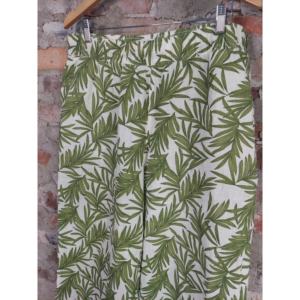 Nicole Miller New York Womens Wide Leg Linen Pants XL Green White Tropical Leaf