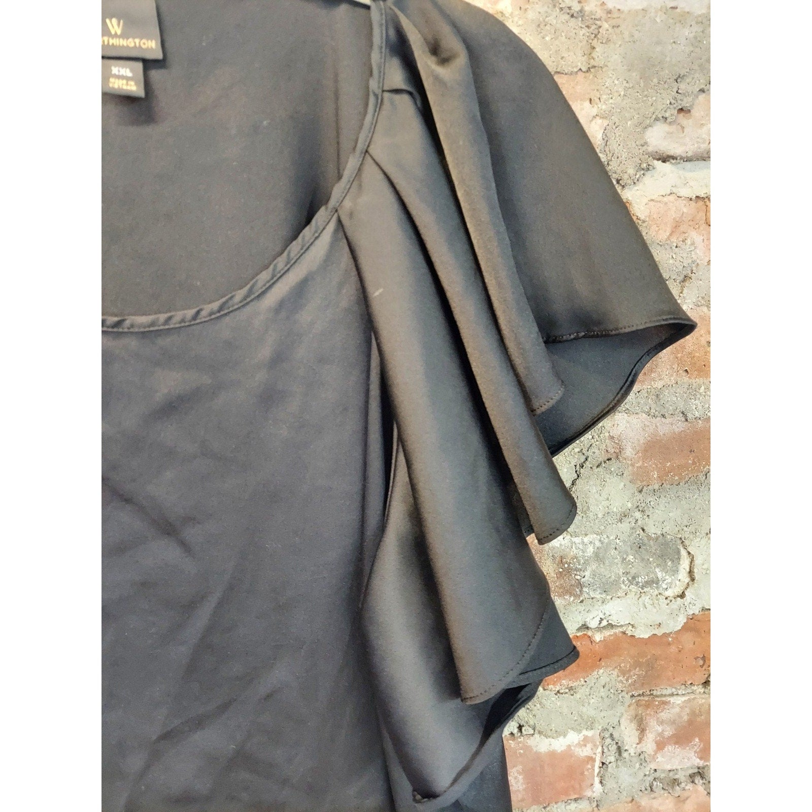 Worthington Womens Blouse XXL Black Ruffle Sleeve Satin Scoop Neck