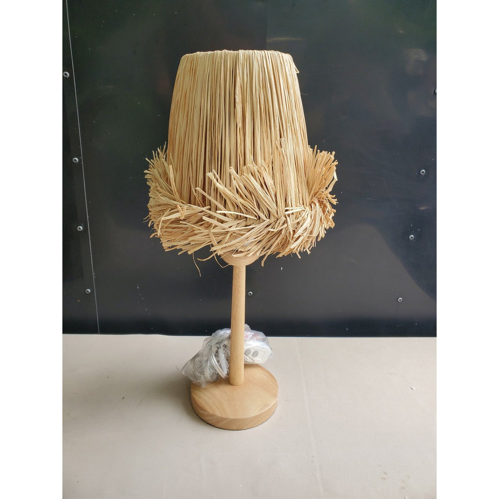 Boho Raffia Table Lamp Natural Wood Base USB Powered Dimmable Accent Light 19