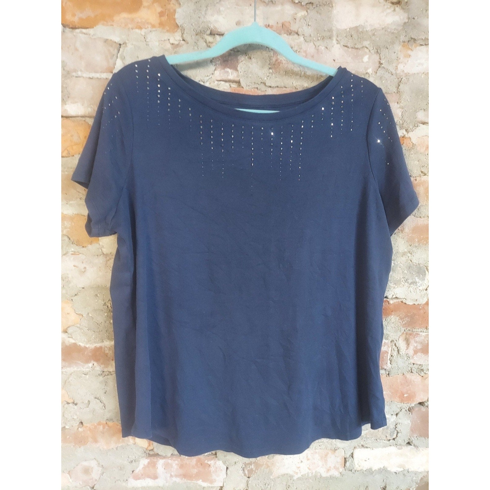 Westport Womens T-Shirt 2X Navy Blue Rhinestone Studded Cotton Short Sleeve