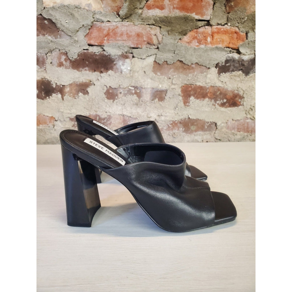 Steve Madden Womens Mules Black Block Heel Square Toe 7.5 Leather Upper Slip On