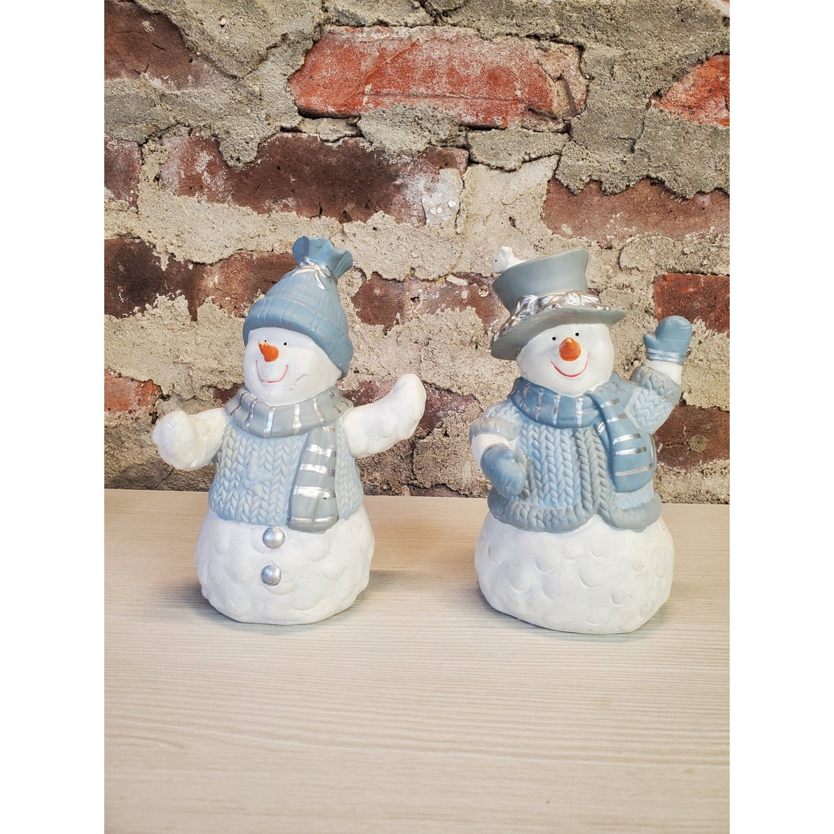 Snowman Figurines Set of 2 Christmas Winter Holiday Home Decor Blue Gray