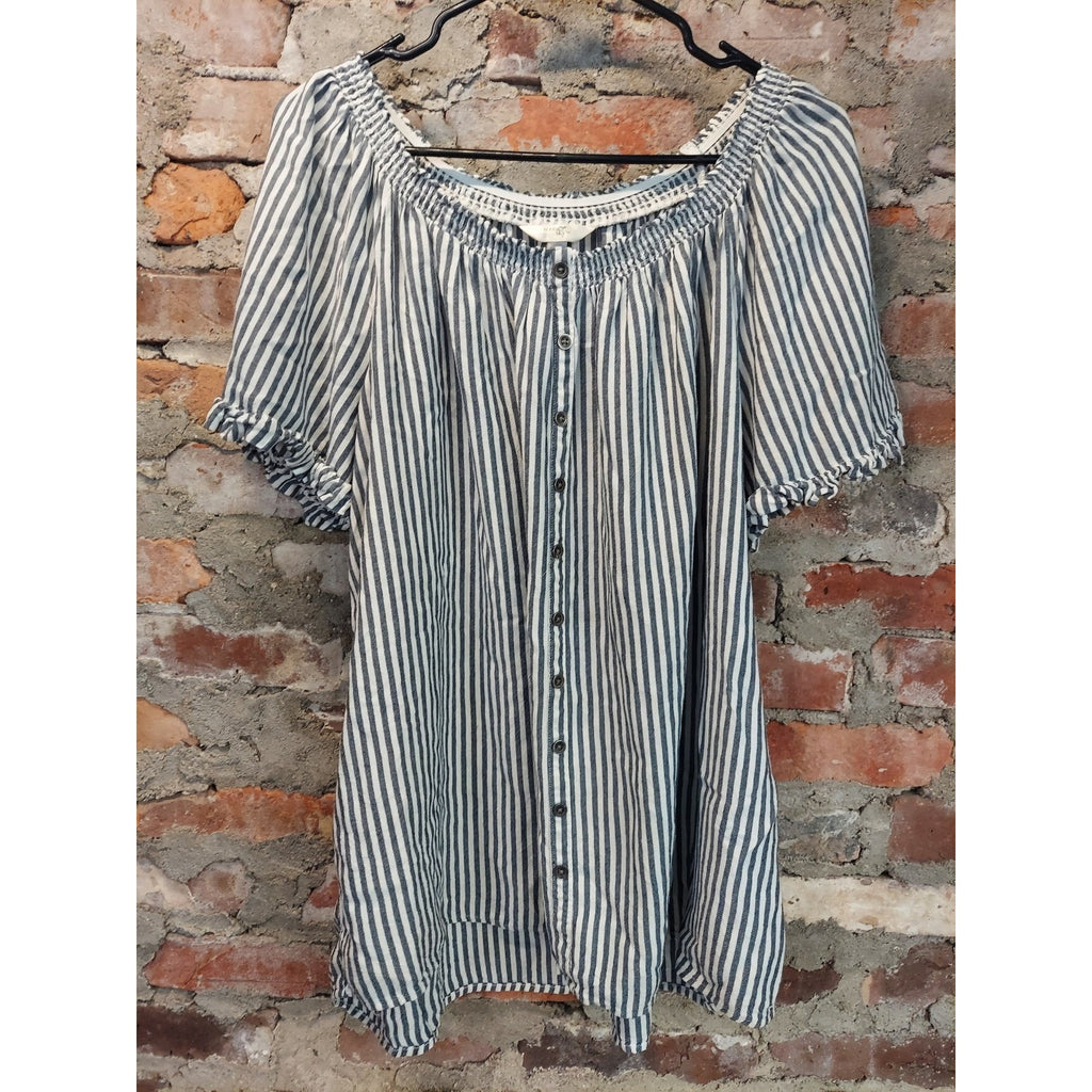 Terra & Sky Womens Plus Smocked Peasant Blouse 1X 16W Blue White Striped Ruffle