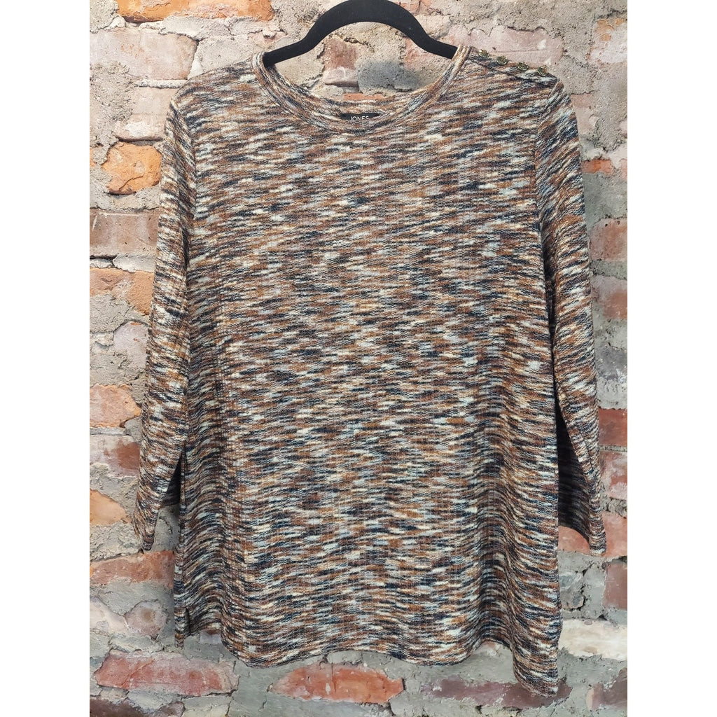 Jones New York Womens Top L Multicolor Ribbed Knit 3/4 Sleeve Button Shoulder
