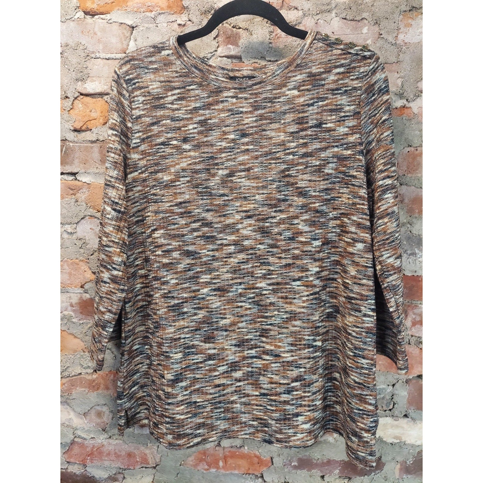 Jones New York Womens Top L Multicolor Ribbed Knit 3/4 Sleeve Button Shoulder