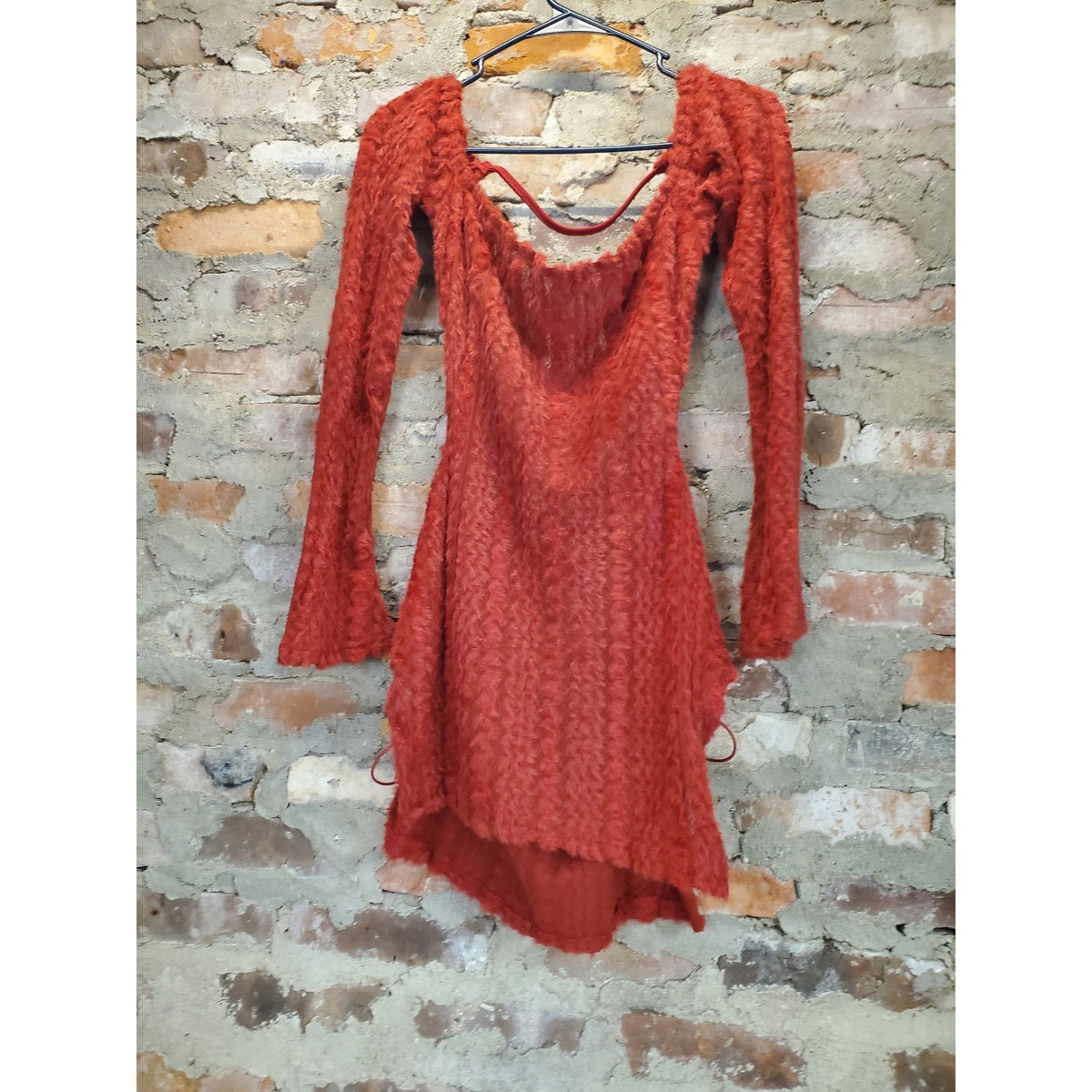 Womens Red Furry Long Sleeve Mini Dress XL Off Shoulder Criss Cross Back Party