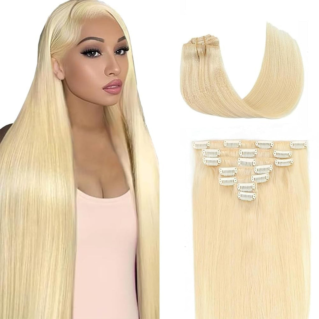 Platinum Blonde 613 Clip In Hair Extensions Long Straight Womens Full Head
