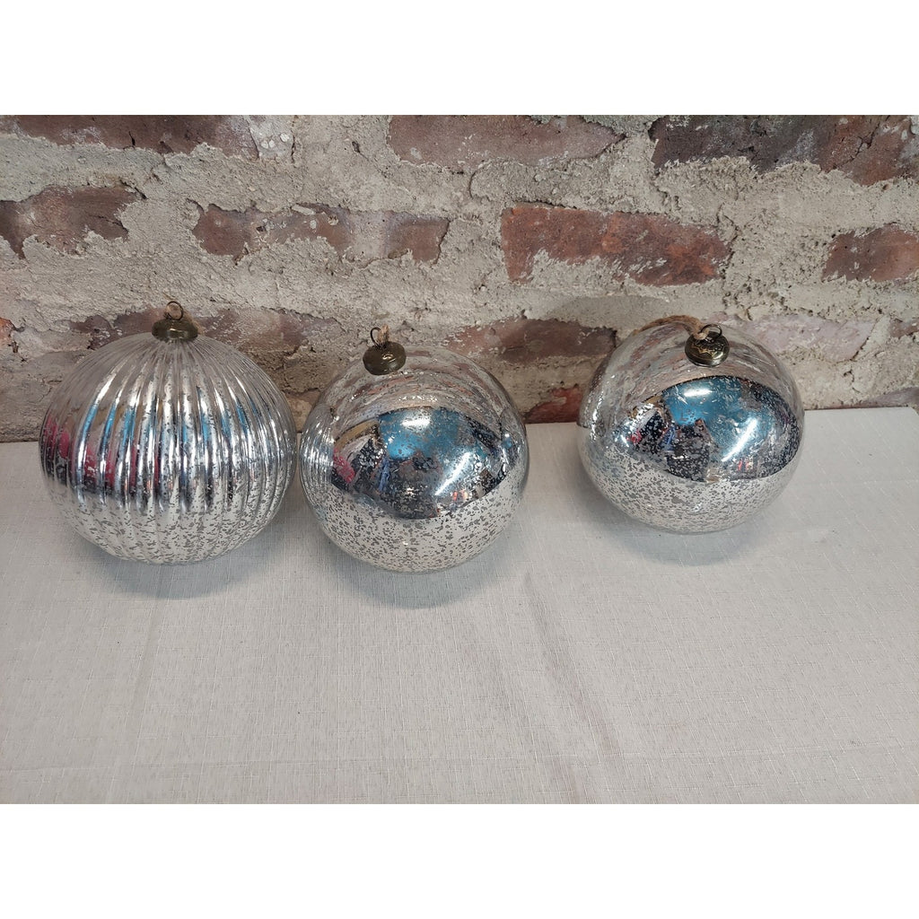 Christmas Ornaments Faux Mercury Glass Vintage Set of 3 Silver Ribbed 6 Inch