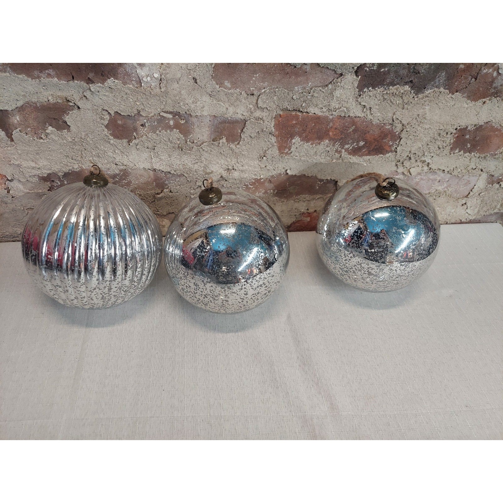 Christmas Ornaments Faux Mercury Glass Vintage Set of 3 Silver Ribbed 6 Inch