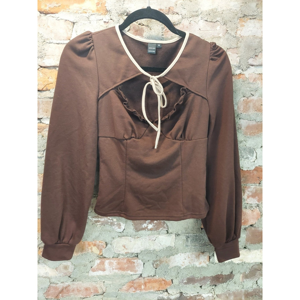SHEIN MOD Womens Cutout Tie Front Top XS Brown Cream Long Sleeve V Neck