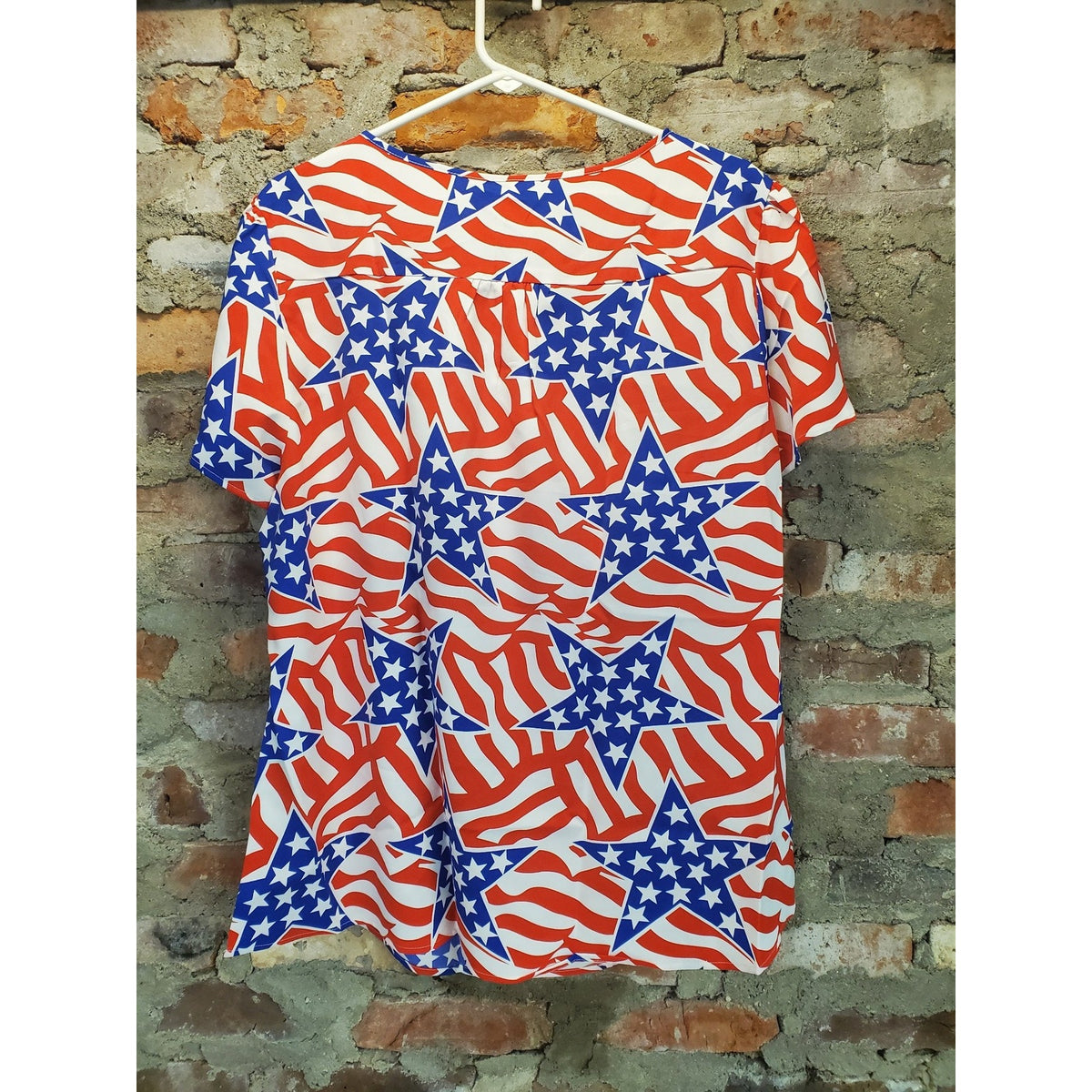 Womens American Flag Top Shirt 2XL Red White Blue Patriotic Short Sleeve