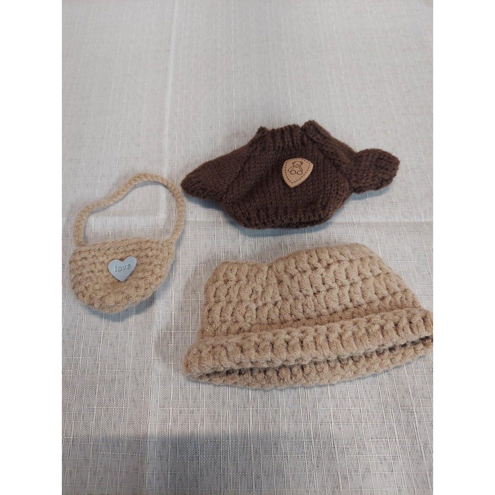 Labubu Doll Clothes Outfit Set Knitted Sweater Hat Purse Brown Accessories