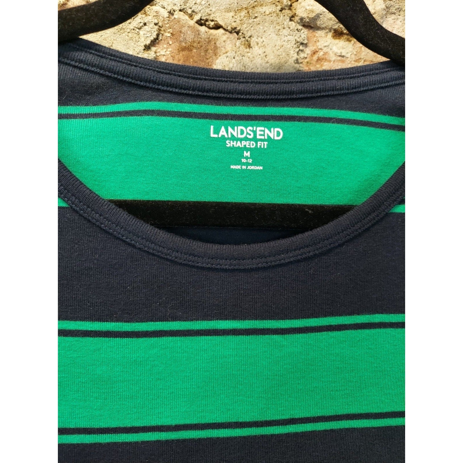 Lands End Womens Long Sleeve Shirt M 10-12 Navy Green Striped Shaped Fit