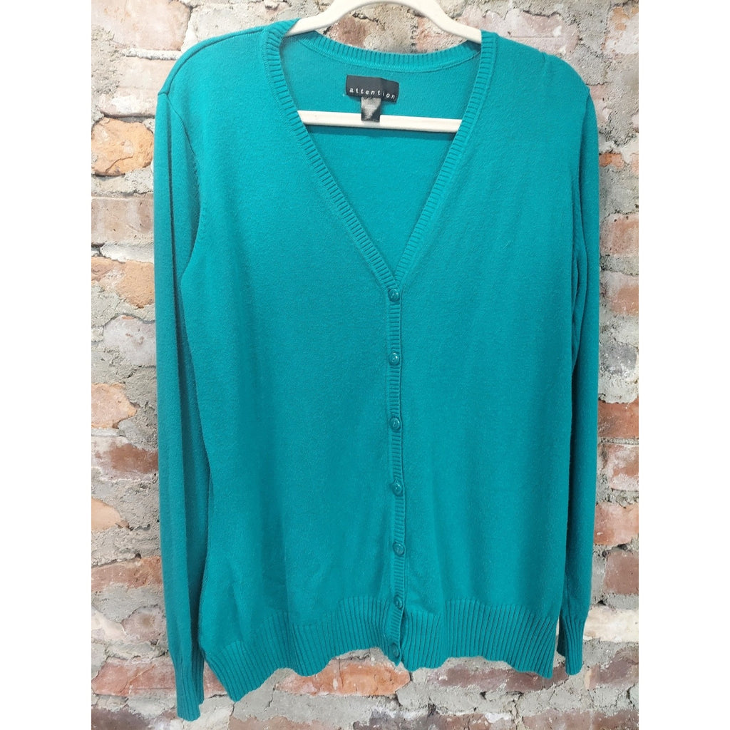 Attention Womens Cardigan XL Teal V Neck Button Up Long Sleeve Sweater