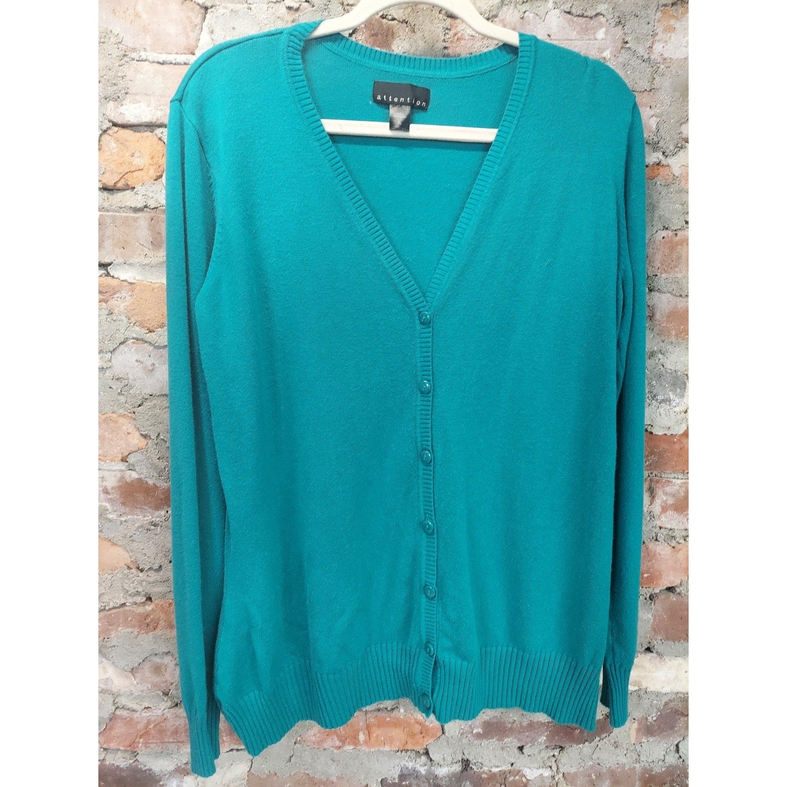 Attention Womens Cardigan XL Teal V Neck Button Up Long Sleeve Sweater