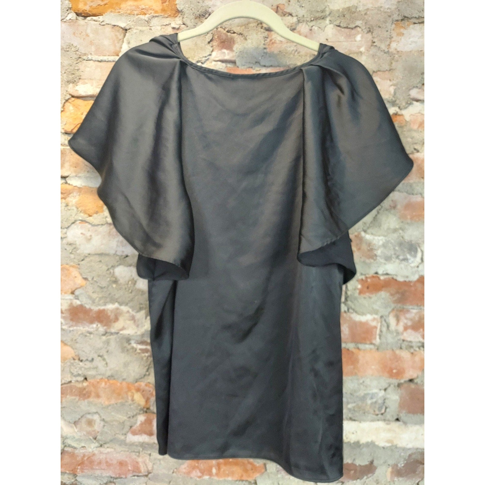 Worthington Womens Blouse XXL Black Ruffle Sleeve Satin Scoop Neck