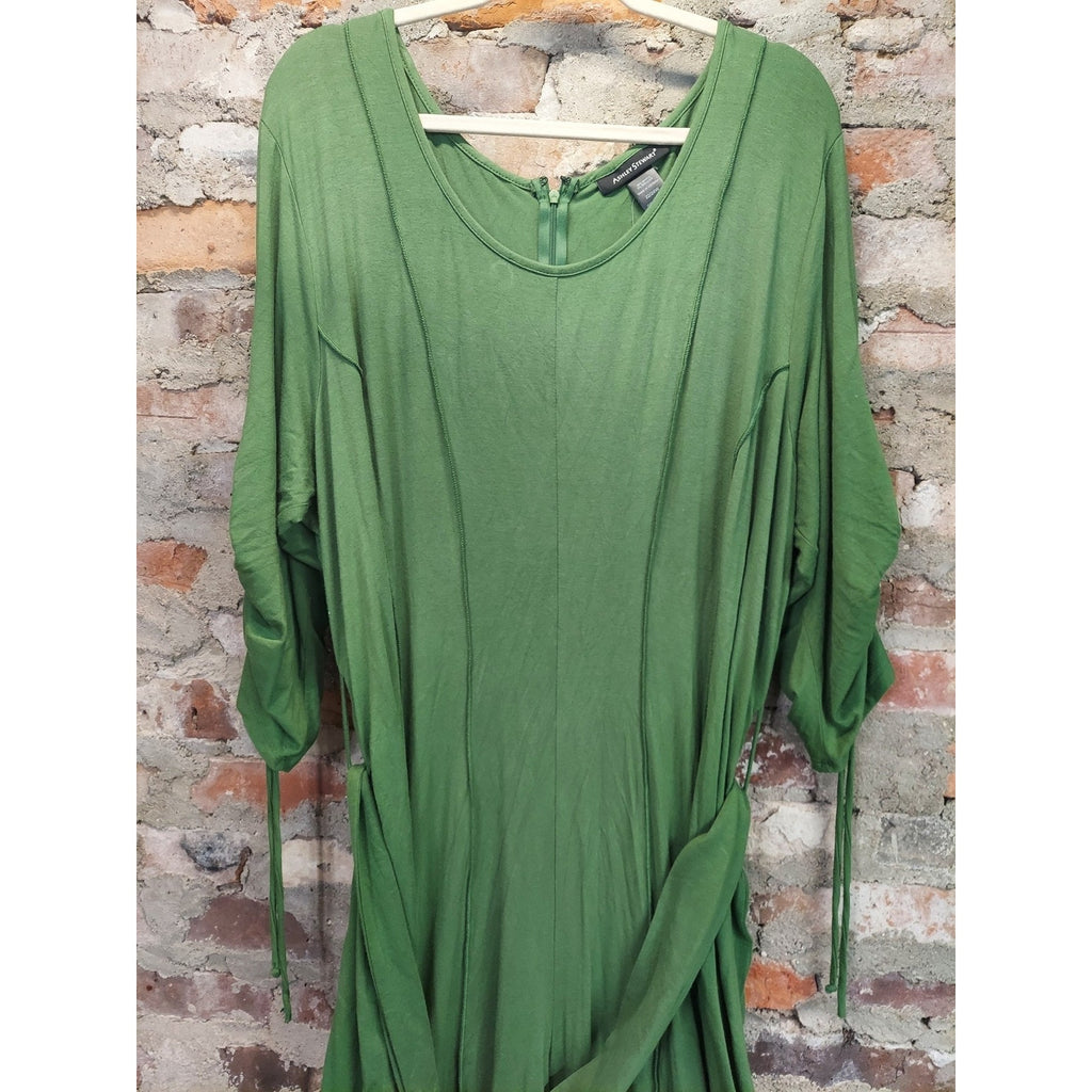 Ashley Stewart Womens Dress 22/24W Green Belted Ruched Sleeve Maxi Rayon