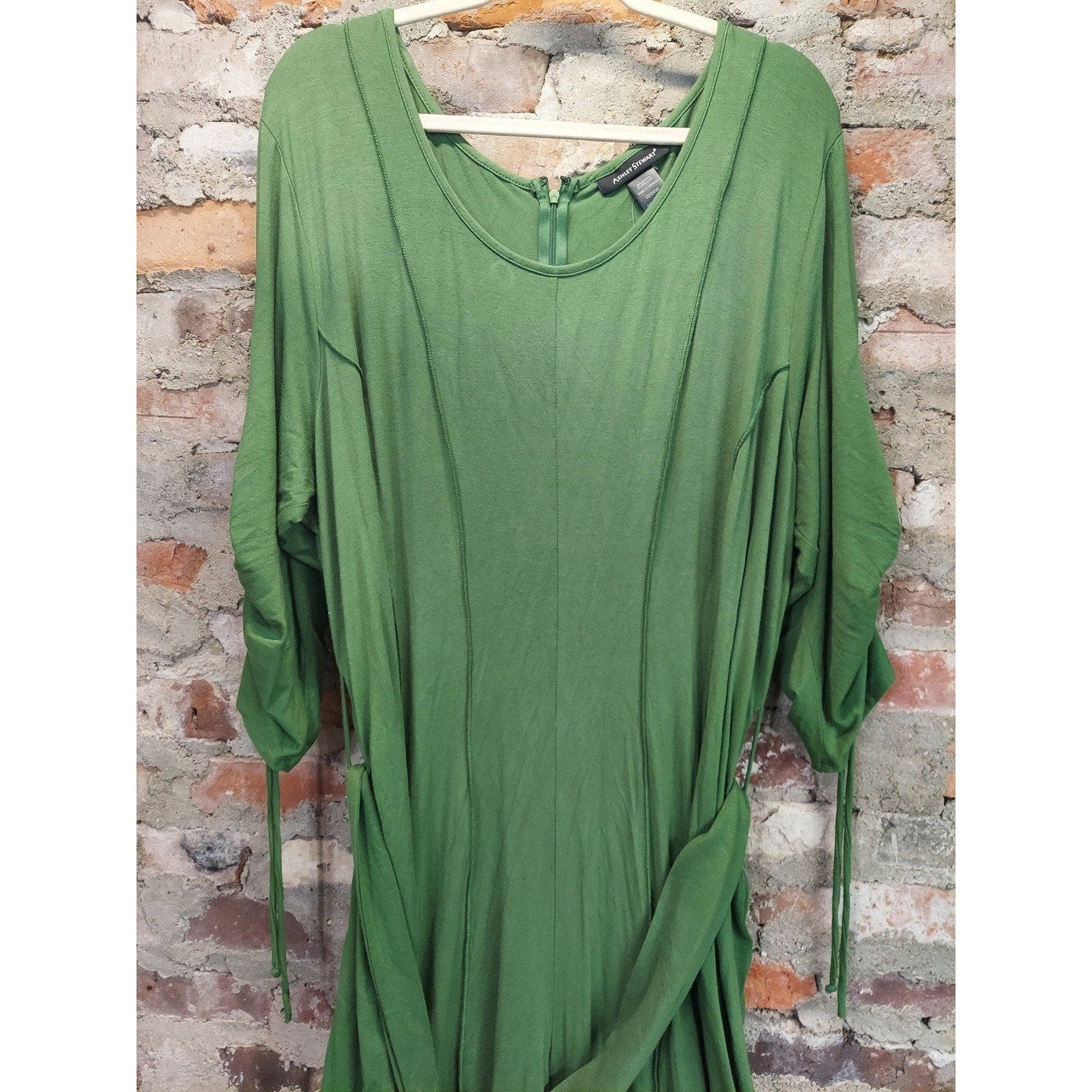 Ashley Stewart Womens Dress 22/24W Green Belted Ruched Sleeve Maxi Rayon