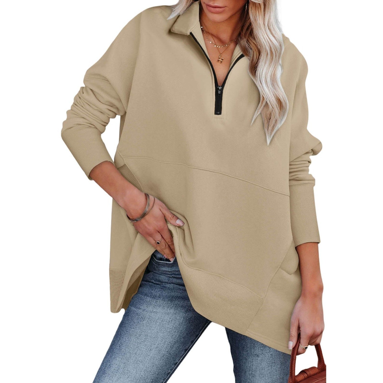 Womens Half Zip Sweatshirt Small Khaki Oversized Tunic Long Sleeve Relaxed Fit