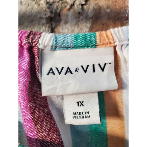 Ava & Viv Womens Blouse Top 1X Multicolor Striped Square Neck Puff Sleeve