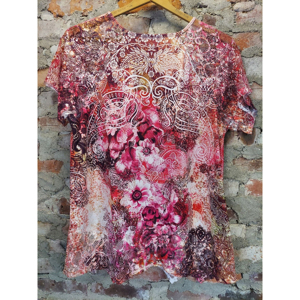 Simply Emma Womens T-Shirt Top Size 1X Plus Pink Floral Embellished