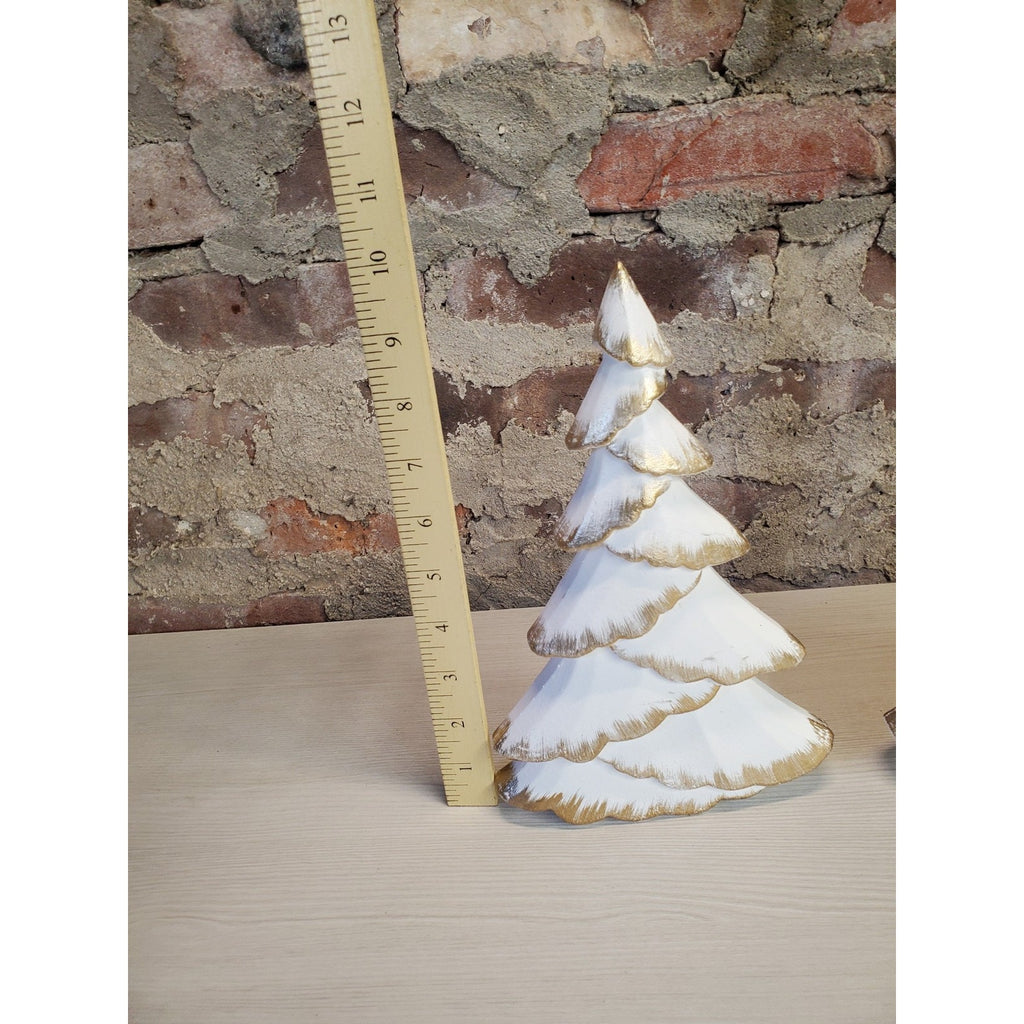 Christmas Trees Set 2 White Gold Wood Tiered Tabletop Holiday Decor Farmhouse