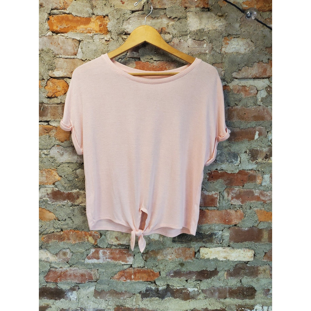 So Womens Tie Front T Shirt M Pink Cuffed Short Sleeve Rayon Blend