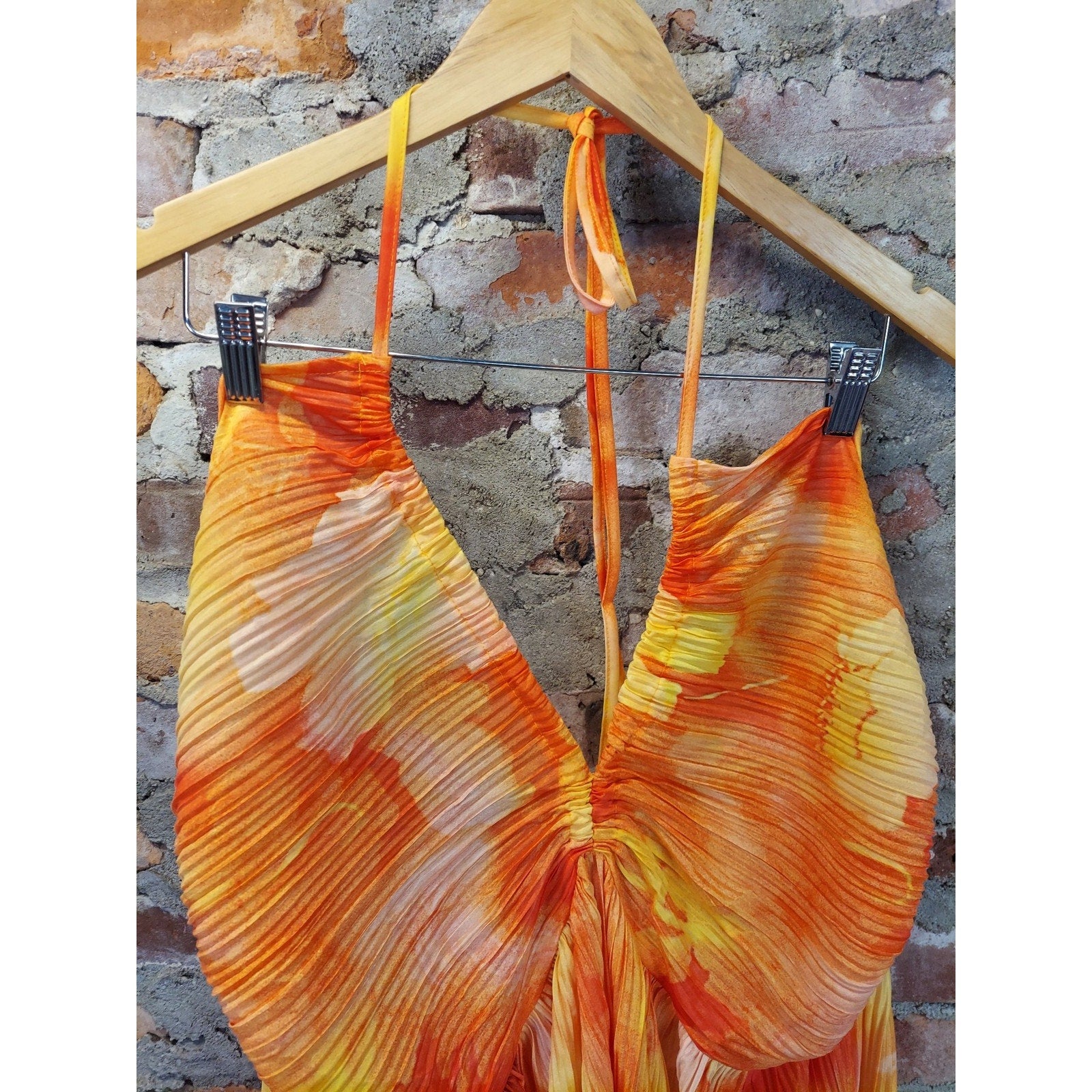 Rusttydustty Womens Halter Mini Dress 3XL Orange Yellow Deep V Neck Smocked