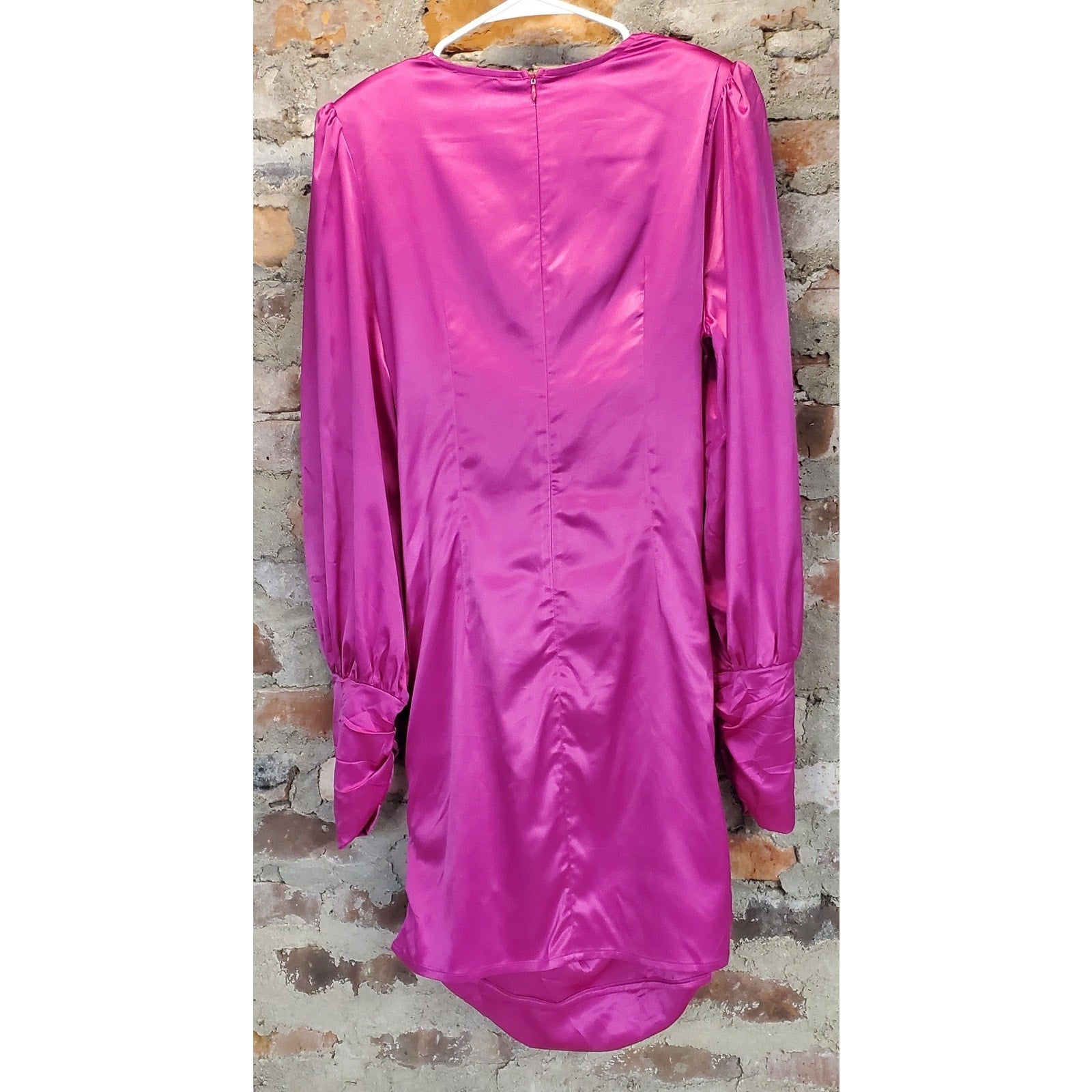 Glamaker Womens Hot Pink Satin Ruched Mini Dress XL Long Sleeve V Neck Cutout