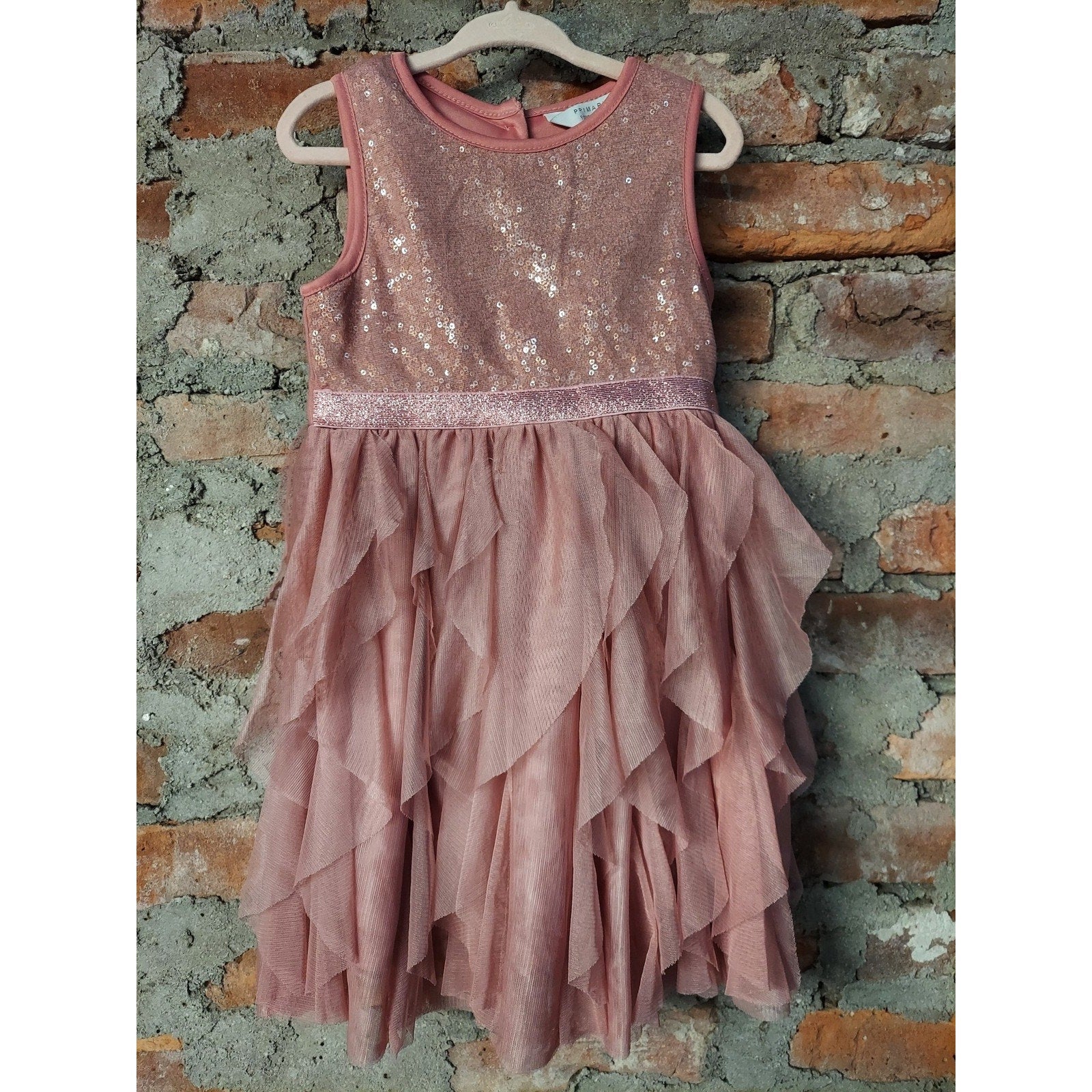 Primark Girls Dress 2-3Y Rose Pink Sequin Ruffle Tiered Sleeveless