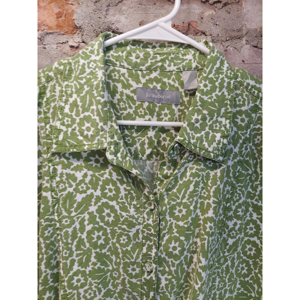 Liz Claiborne Womens 2x Short Sleeve Button Up Shirt Green White Floral Print