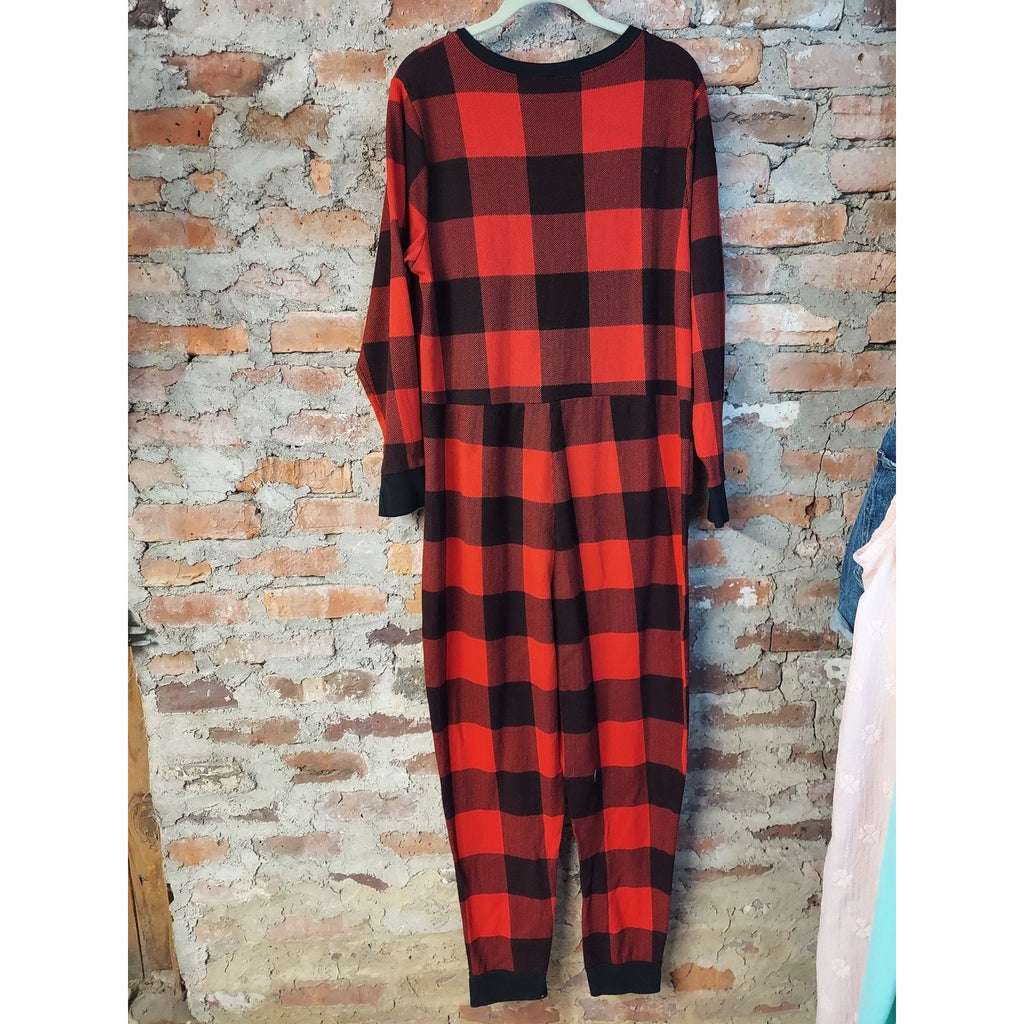 Old Navy Womens One Piece Jumpsuit 2X Red Black Buffalo Plaid Pajamas Henley